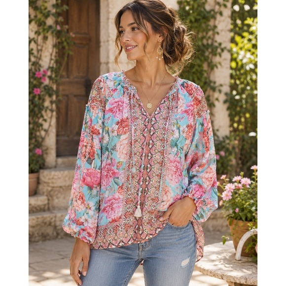 Johnny Was Tops - Johnny Was Blouse Floral 100% Silk Tassel V-Neck Boho Pink Blue XS